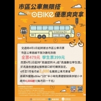 市區公車月票479(學生票399)元吃到飽，再贈送oBike優惠