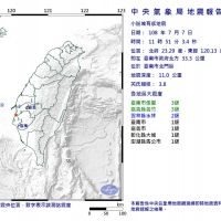台南地震規模3.8　最大震度3級